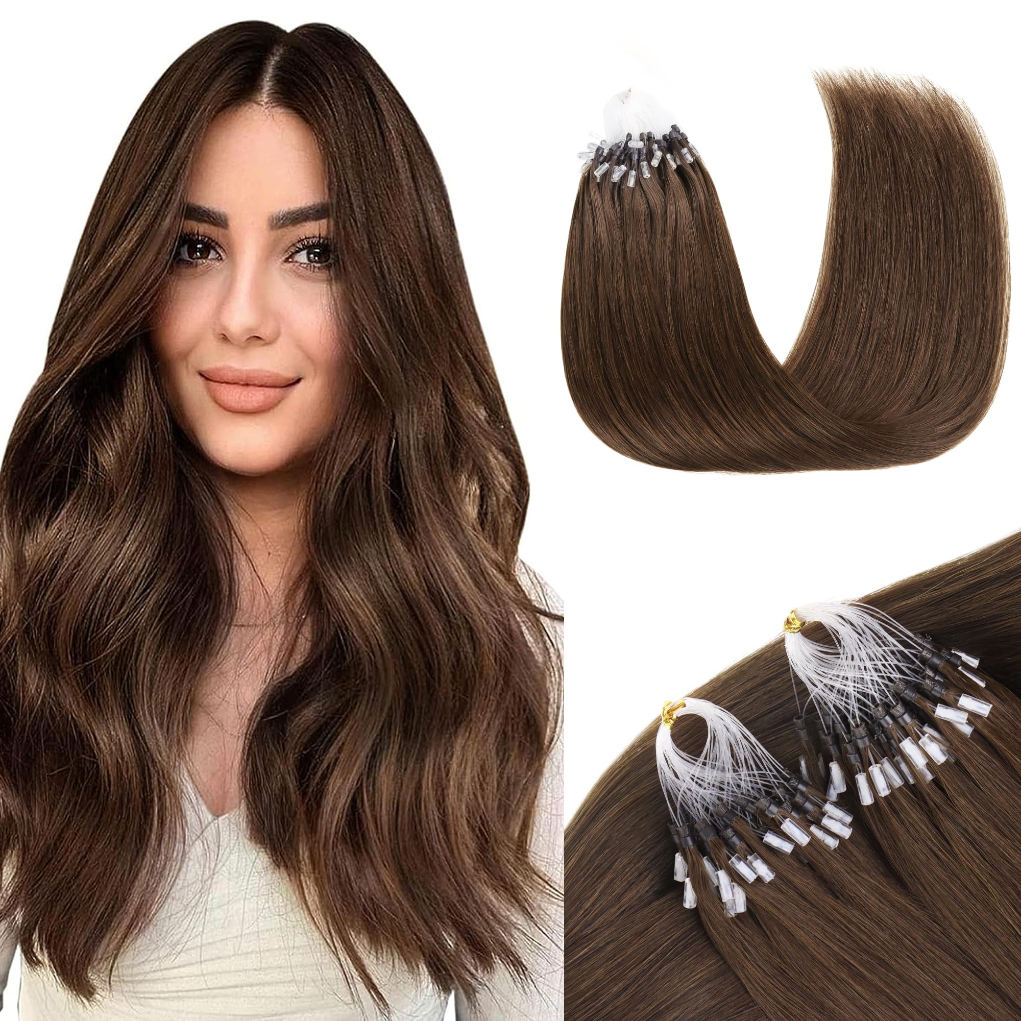 GOO GOO Micro Loop Hair Extensions Real Human Hair, Chocolate Brown 50g 18inch 50 Strands Cold Fusion Micro Bead Extensions — image 1