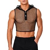 FEOYA Men Mesh Crop Top Fitted Fishnet Muscle Shirts See Through Cropped Tops Workout Club Rave