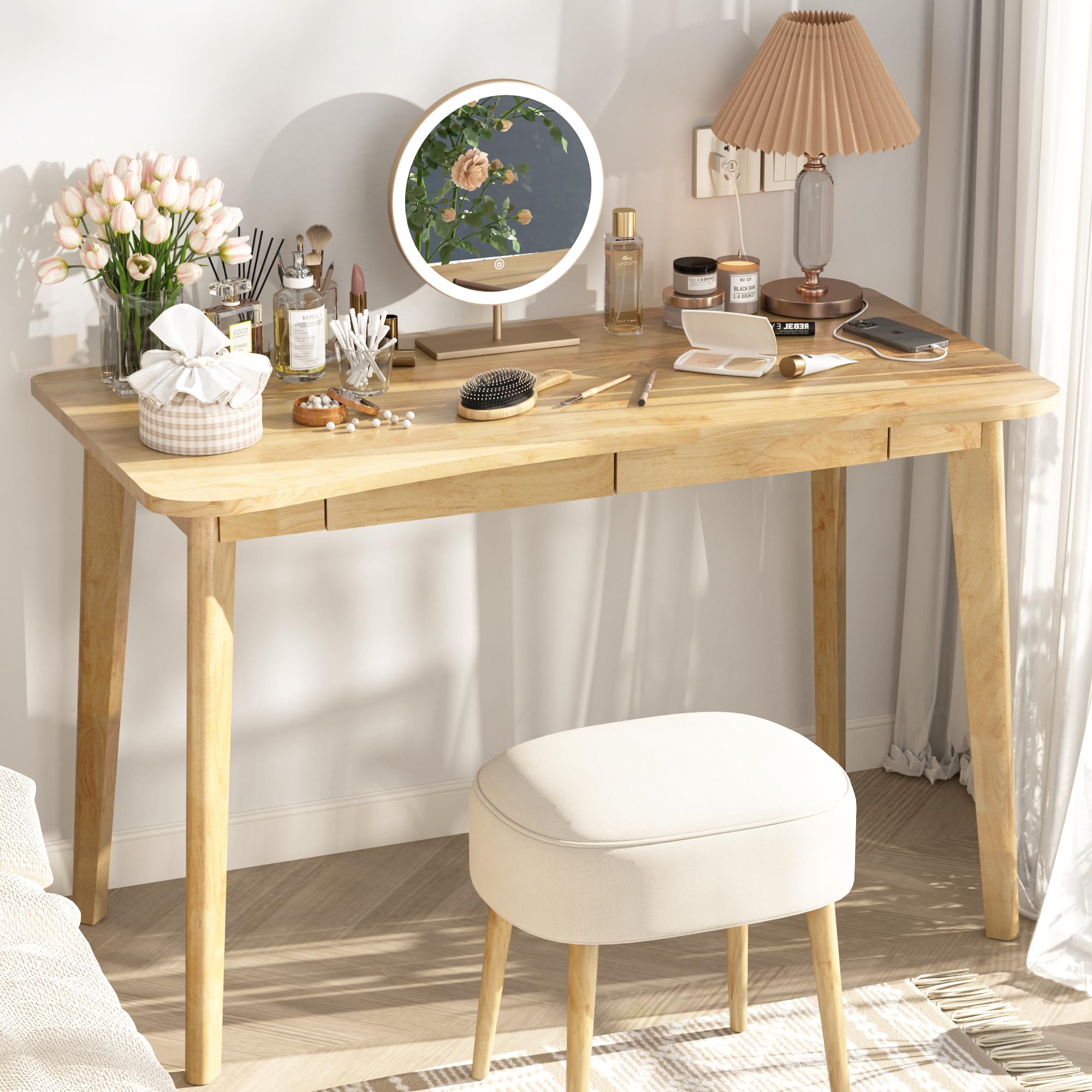 Photo 1 of ENPKLUTE 100% Solid Wood Desk with Drawers - 48 x 24 Inch Home Office Computer Desks, Modern Writing Desk with Drawers, Simple Study Table Makeup Vanity - Natural Boho Desks