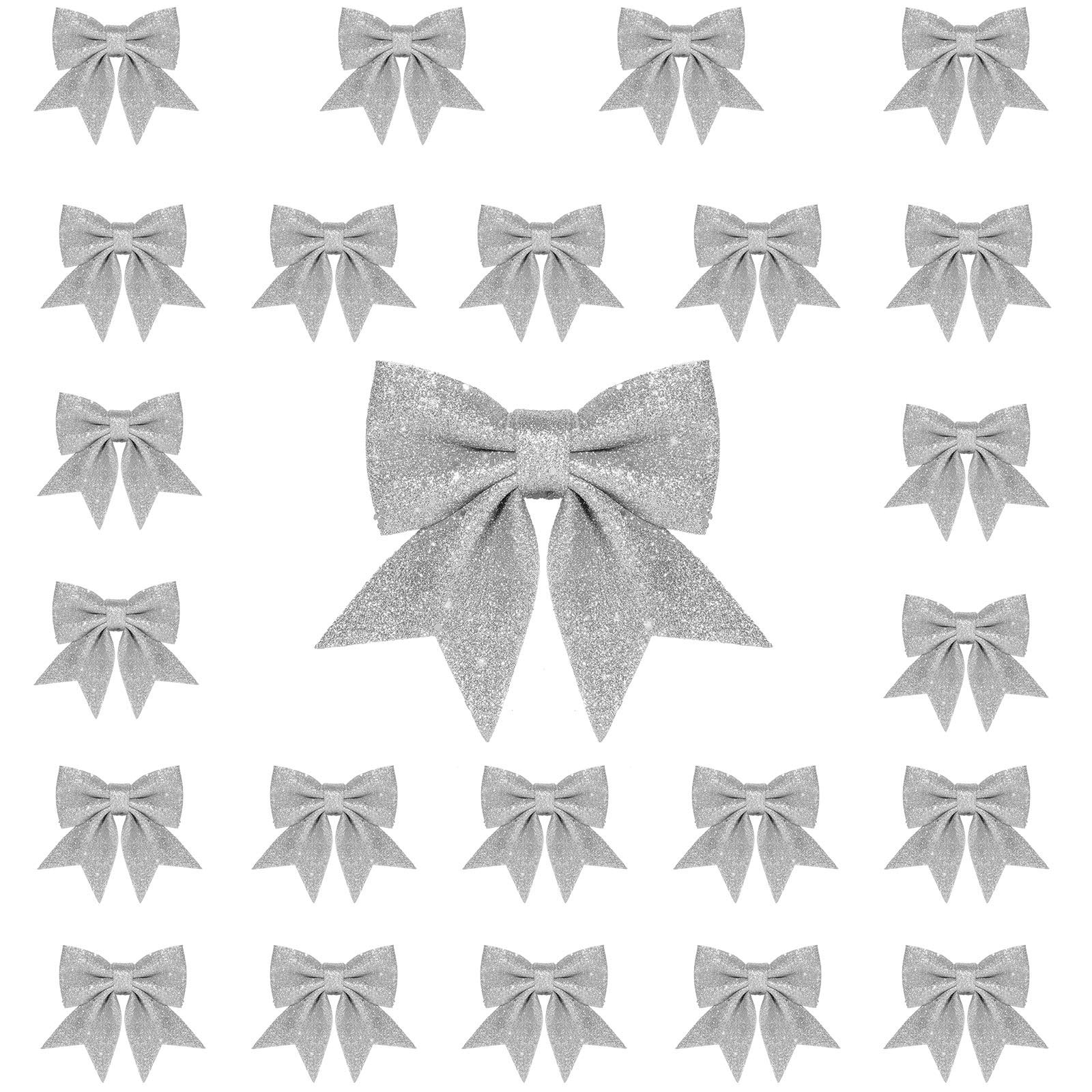 Whaline 24pcs Christmas Bow Decorations, Silver Wreaths Bows, Small Christmas Tree Bow, 5.5 in Sequin Bow Ties, Xmas Decorative Bows Ornaments for Home Christmas Party