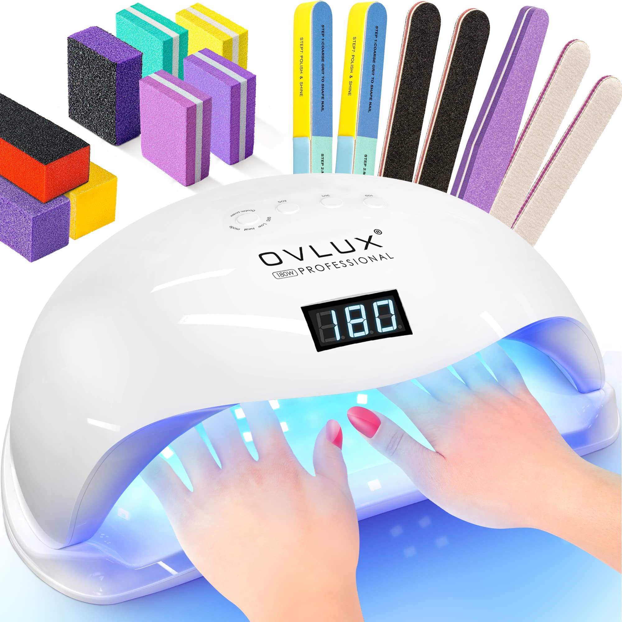 OVLUX 180W Professional UV LED Nail Lamp with Adapter – Fast Nail Dryer for Gel Polish, 57 LEDs, Auto Sensor, LCD Display & 4 Timers – Cures Fingernails & Toenails