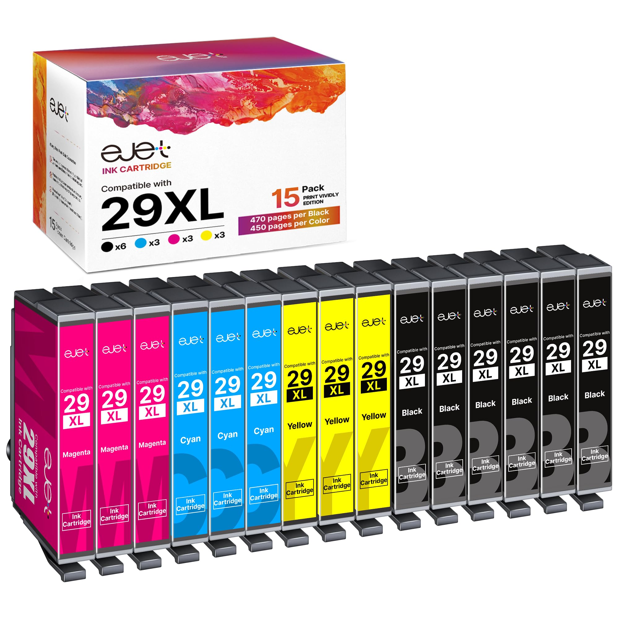ejet 15-Pack 29XL High Yield Ink Cartridges Compatible for Epson 29 XL for Expression Home XP452 XP442 XP352 XP345 XP245 XP-455 XP-342 XP-255 XP-245 XP 352 XP 342 (6 Black,3 Cyan,3 Magenta,3 Yellow)
