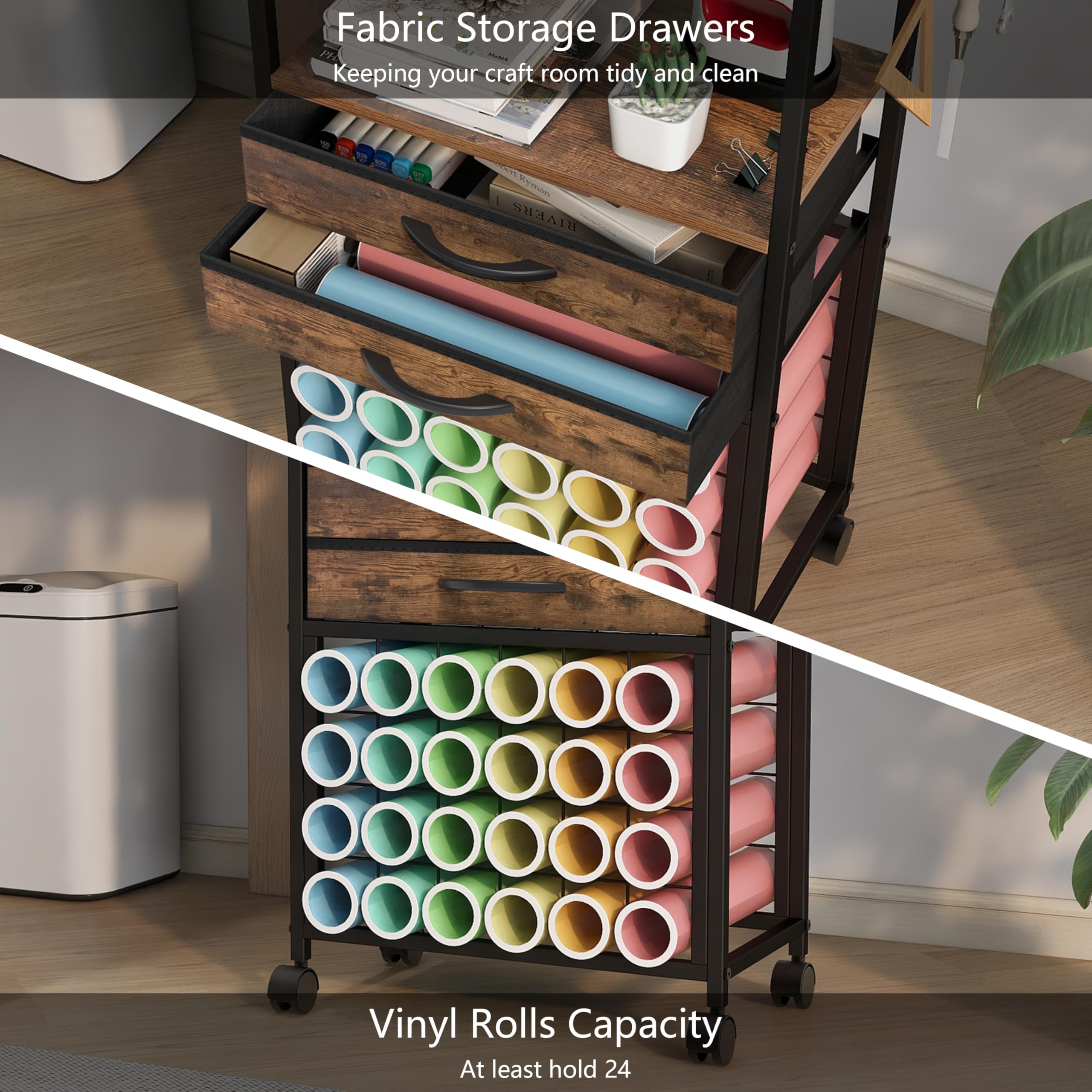 Organizer and Storage Stand Compatible with Cricut Machines,Rolling Storage Cart/Shelf with 24 Vinyl Roll Holders，2 Fabric Drawer,Accessories Holder,Tool Hook for Craft Room Home (Rustic Brown)