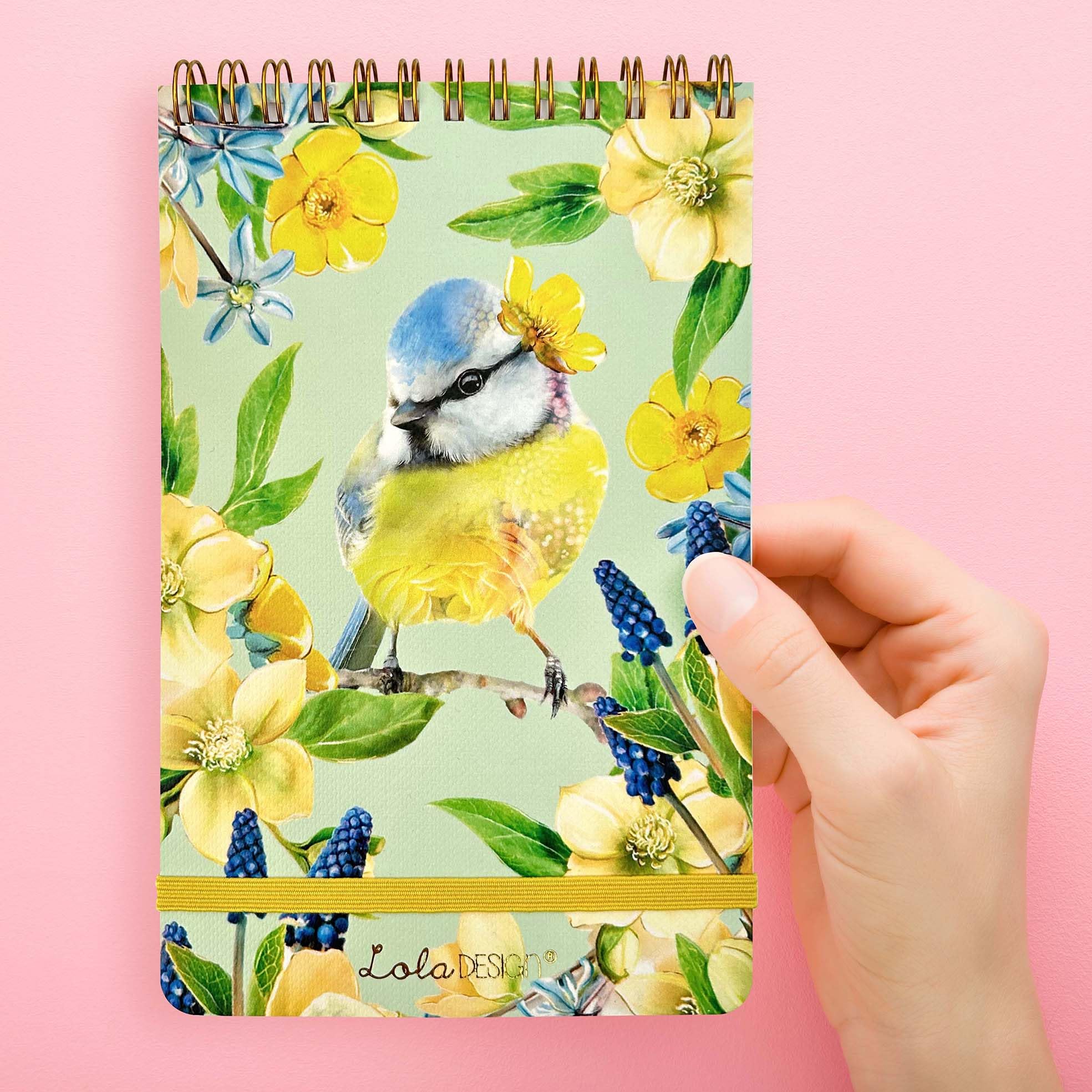 Lola Design - Top Spiral Notepad with Elastic Closure, Blue Tit Bird Pattern - Perfect for Jotting Down Notes, Shopping Lists, Reminders - 185x120x10mm, 150 Tear-off Pages