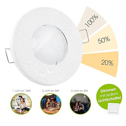 linovum® LED Bad Deckenspot 10er Set IP65 mit fourSTEP 5W dimmbar ohne Dimmer weiß lackiert für innen oder außen warmweiß