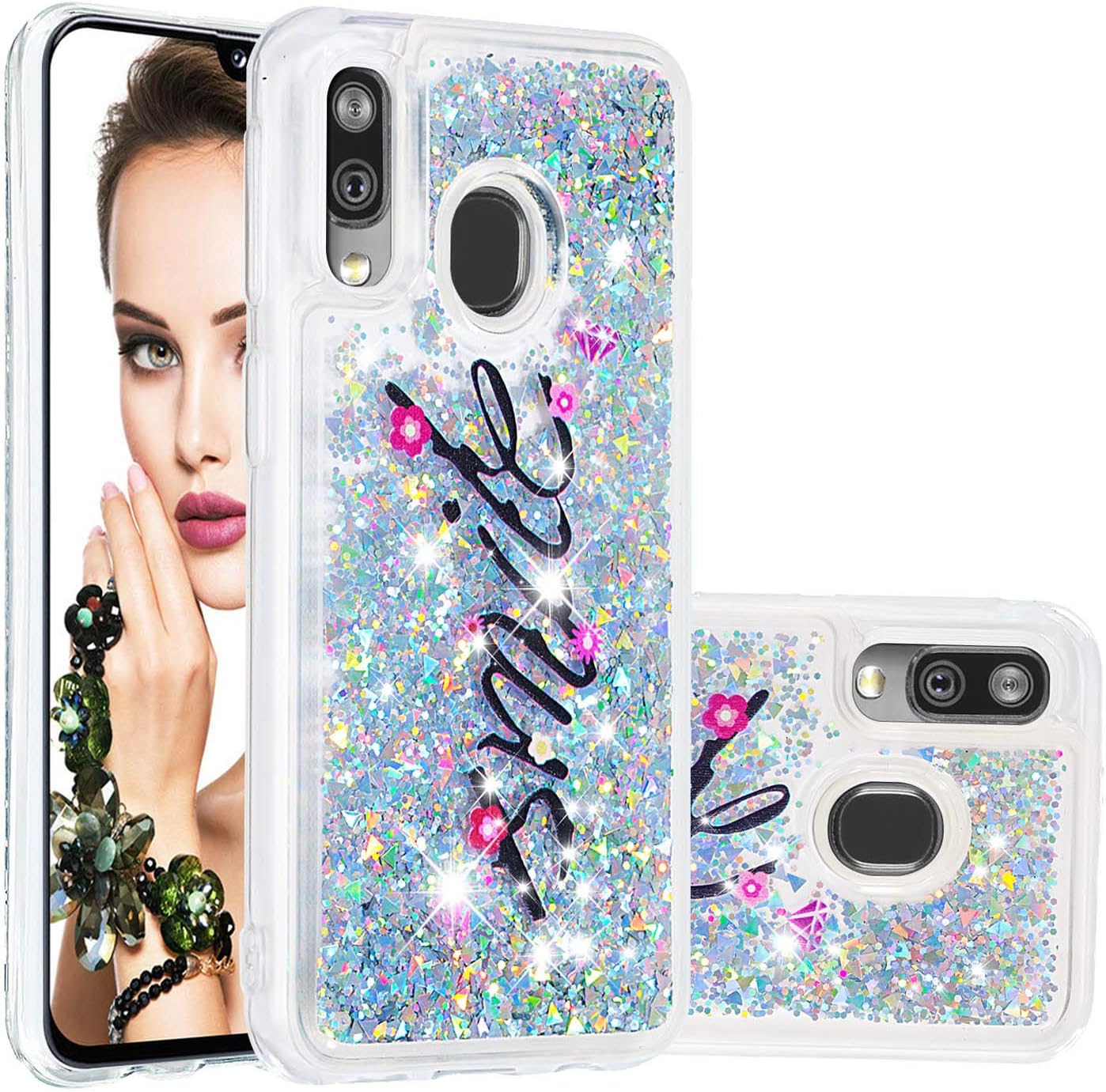 WIWJ Compatible with Samsung Galaxy A40 Phone Case Glitter Flowing Liquid Floating Bling Shiny Sparkle Case Clear Soft TPU Silicone Case Shockproof Cover For Samsung Galaxy A40-Smile