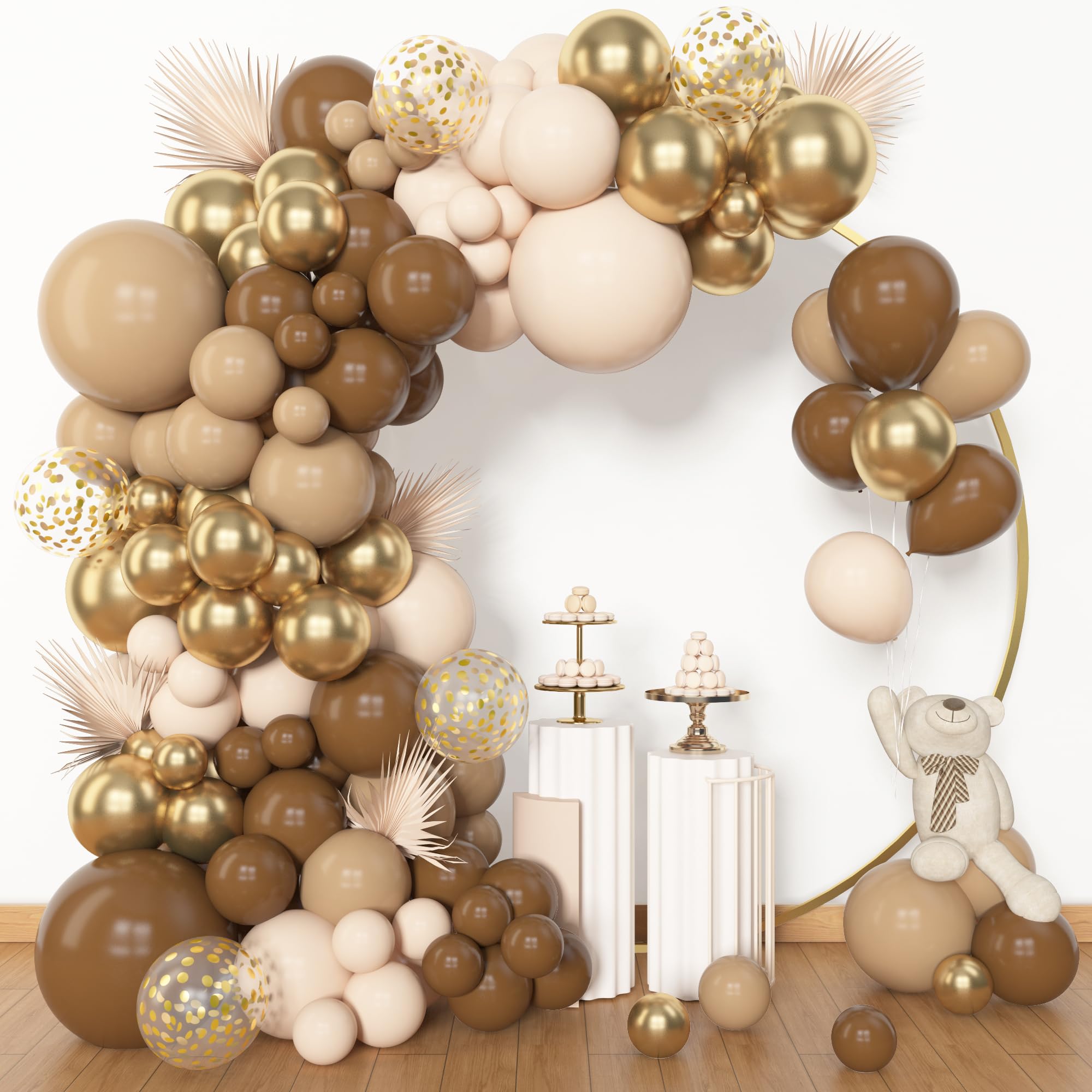 Photo 1 of Amandir 153pcs Brown Balloon Garland Arch Kit, Different Sizes 18 12 10 5 inch Brown Nude Latex Metallic Confetti Gold Balloons for Neutral Bear Baby Shower Safari Birthday Party Decorations Supplies