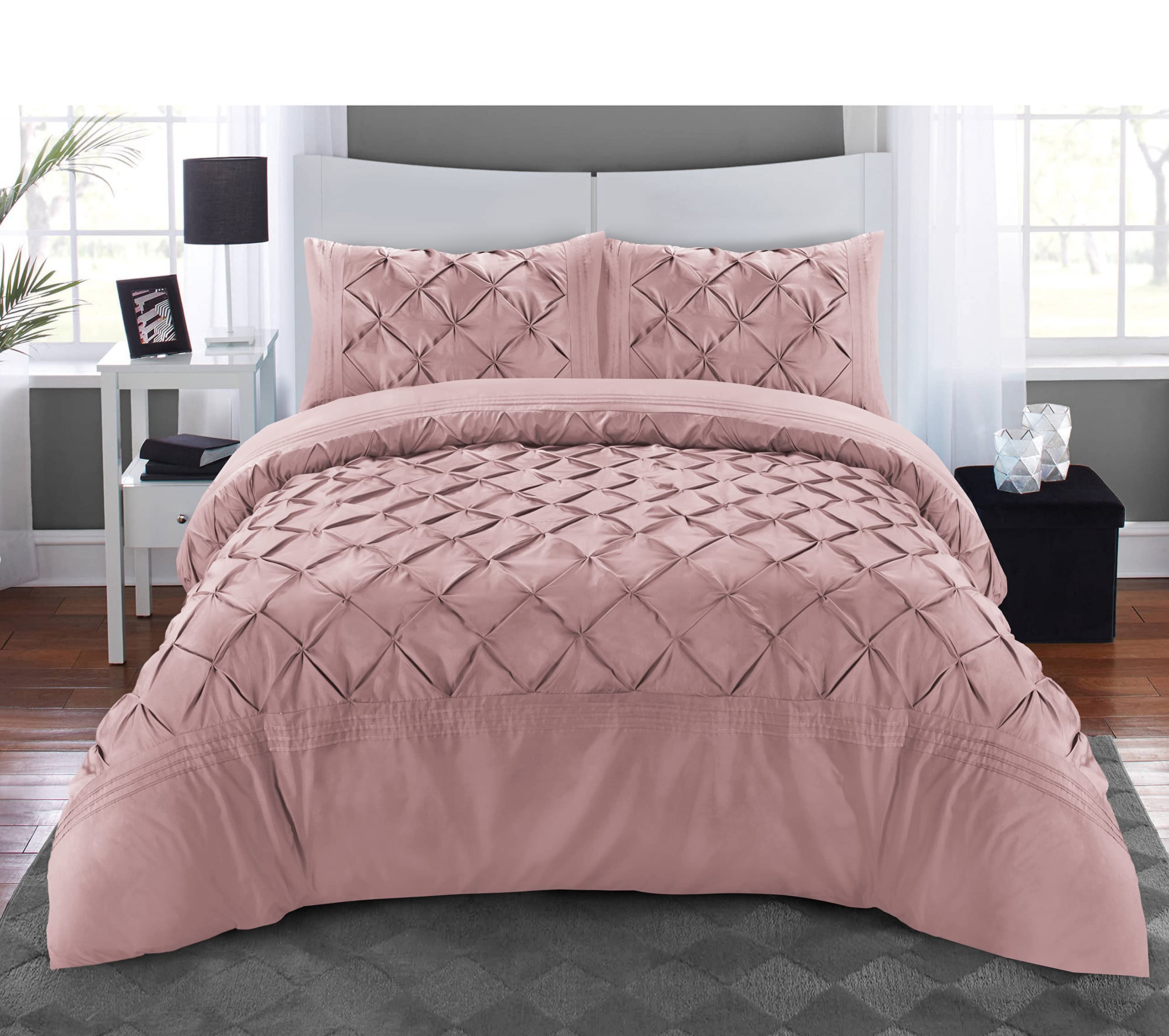 MK Home Textile Pintuck Pink Duvet Cover Set 3 Pieces Pinch Pleat Microfiber Bedding Covers Hotel Quality Quilt Bed Sets with Pillowcases Double King Super King Size