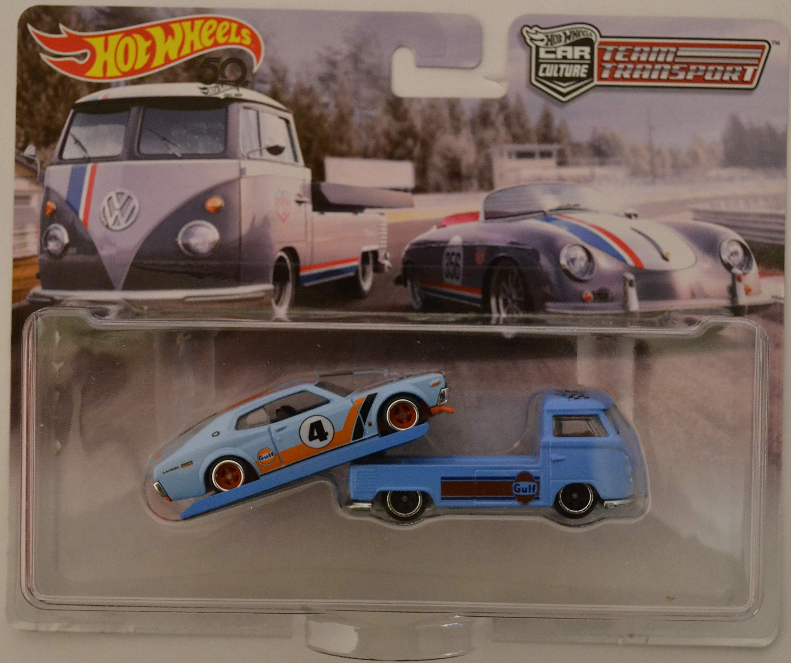 Nissan Laurel 2000 SGX & VW Transporter T1 Pickup Blue Custom-Made Hot Wheels with Real Rider Rubber Wheels Team Transport Series 1:64 Scale Collectible Die Cast Model Car
