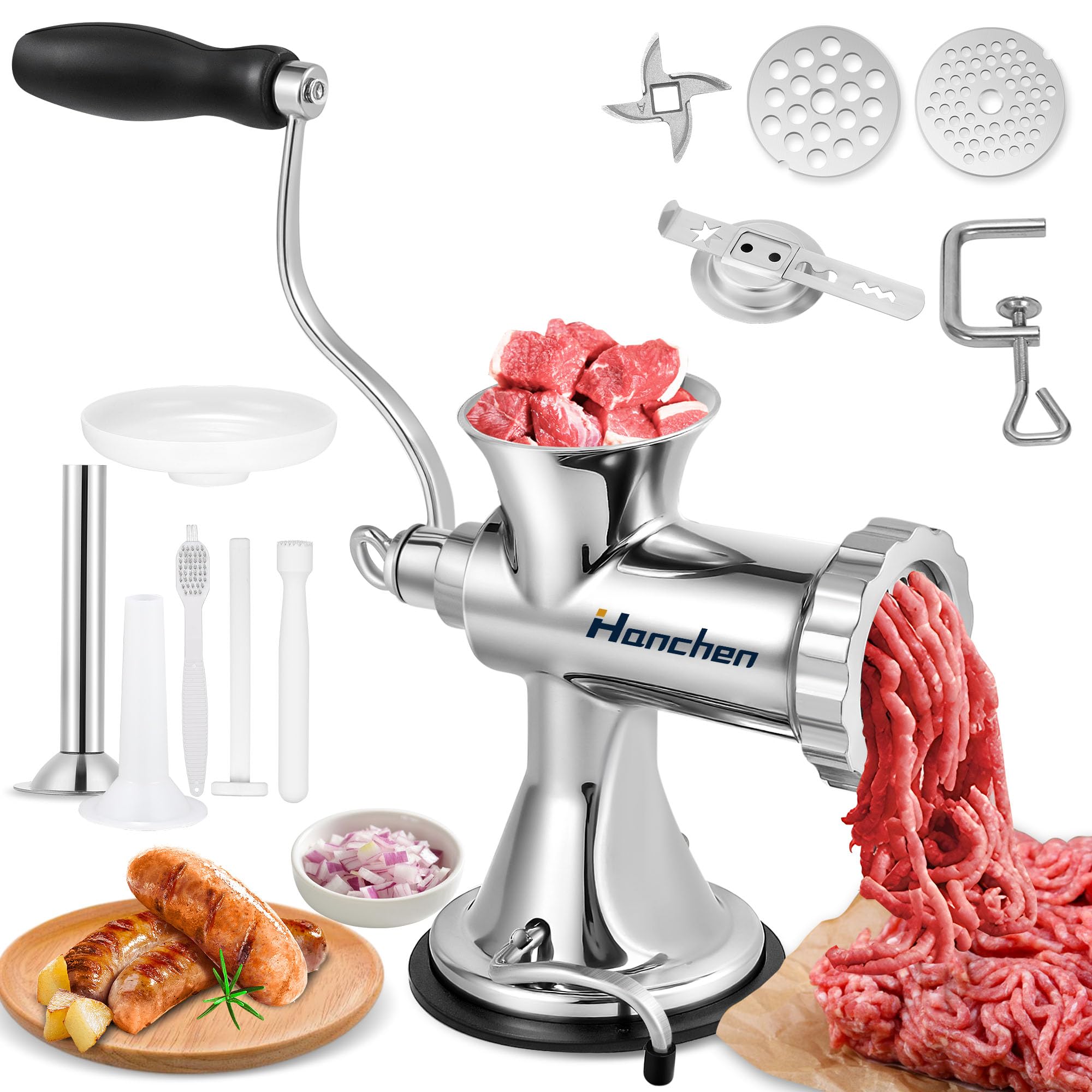 Hanchen Manual Meat Grinder Stainless Steel Sausage Maker Manual Meat Mincer Machine with 4.5/8mm Plates, Suction Cup Household Sausage Stuffing Machine