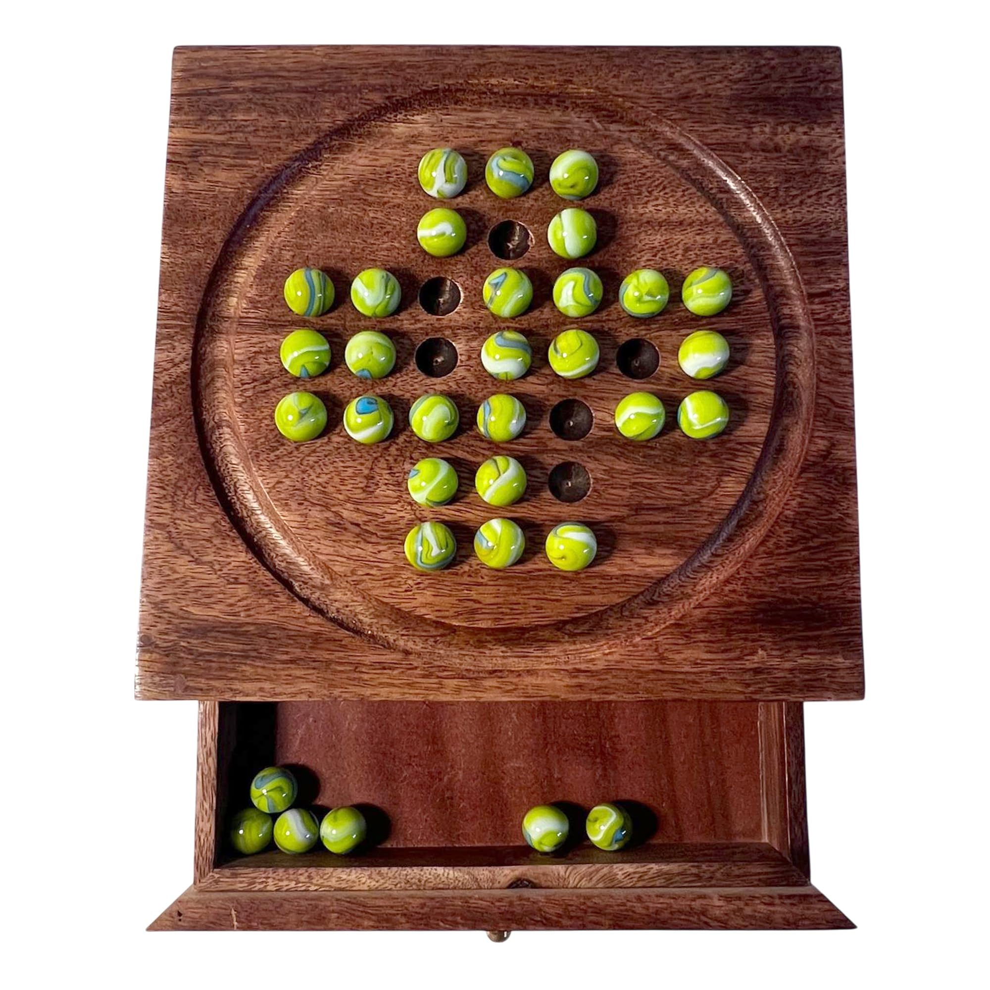Thorness Wooden Solitaire with Drawer for Leprechaun Marbles | Travel Games | Strategic & Traditional Games | Perfect for Adults & Family Fun