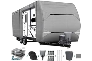 EAST CAPTAIN RV Cover 27ft - 30ft Travel Trailer Anti-uv Prevent Upgraded Top and Side Material Waterproof Tear-Proof Camper Cover - 6 rain Gutter spout Protectors, 2 Reinforced Straps