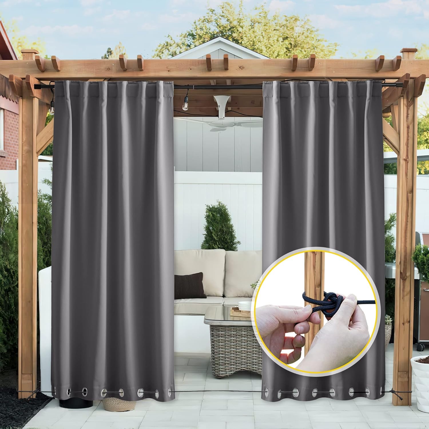 Outdoor Curtains - NICETOWN 2 Panels Weighted Blackout Curtains for Patio Waterproof, Grommet & Back Tab on Top & Bottom Windproof Blackout Outdoor Curtains for Porch with Bouns Rope for Fixed, Grey, W52 x L84