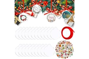 HAHAGO Acrylic Ornaments Blanks, 50Pcs Acrylic Blanks & 50Pcs Stickers, DIY Christmas Ornaments, Blanks Ornaments with a Red Roll Ribbons for Christmas Tree Decoration Xmas Party Holiday Decoration(4 Inch)