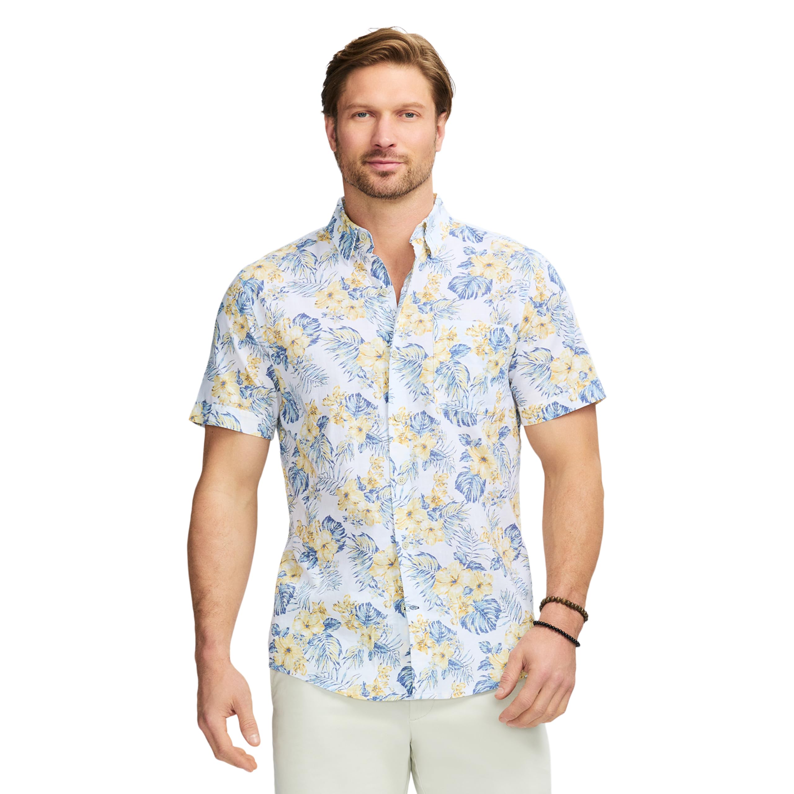 IZOD Men’s Saltwater Dockside Chambray Short Sleeve Button Down Shirt, Bright White Floral