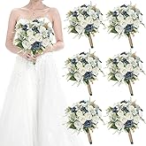 HOMENERGY Set of 6 Bridesmaid Bouquets for Wedding - 7 Inch Artificial Rose Flower Bouquet for Bridesmaids Premade Floral Bouquets Party Ceremony Anniversary Decor - Dusty Blue