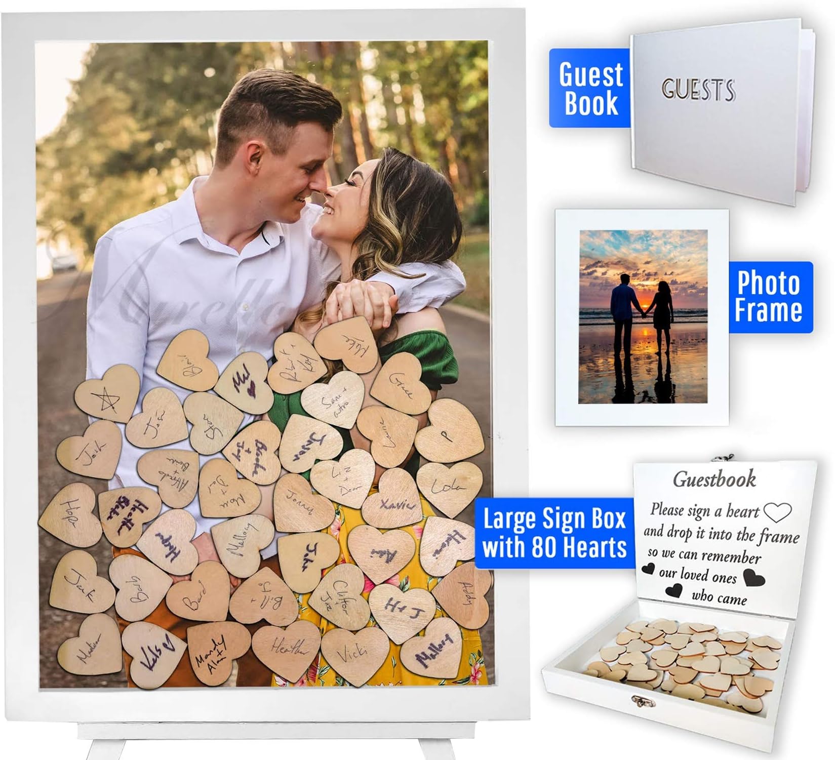 Murello Wedding Guest Book - Premium Set of 16 x 12" Alternative Drop Top Guestbook Frame, Display Easel, 80 Wooden Hearts, Guest Box, Ribbon Guest Book & Small Photo Frame - Top Wedding Gift