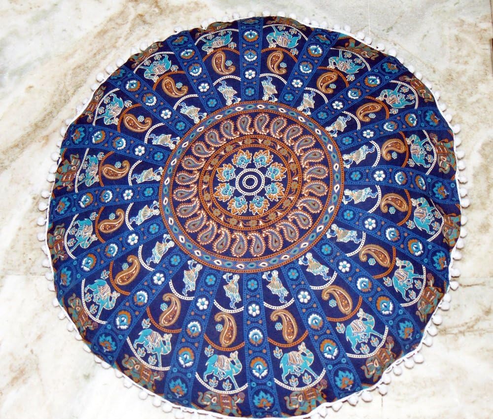 Tapestry Lovers Blue Elephant Camel Mandala Soft Cozy Handmade Small Floor Cushion Cover Pouffe Ottoman Without Filler 22" inches