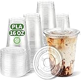 CCWOFF 16 OZ Compostable Clear Plastic Disposable Iced Coffee Cups with Flat Lids, Biodegradable Cold Drinking To Go Coffee Cups for Party Smoothie, Slushy, Milkshake Lemonade 50 Sets