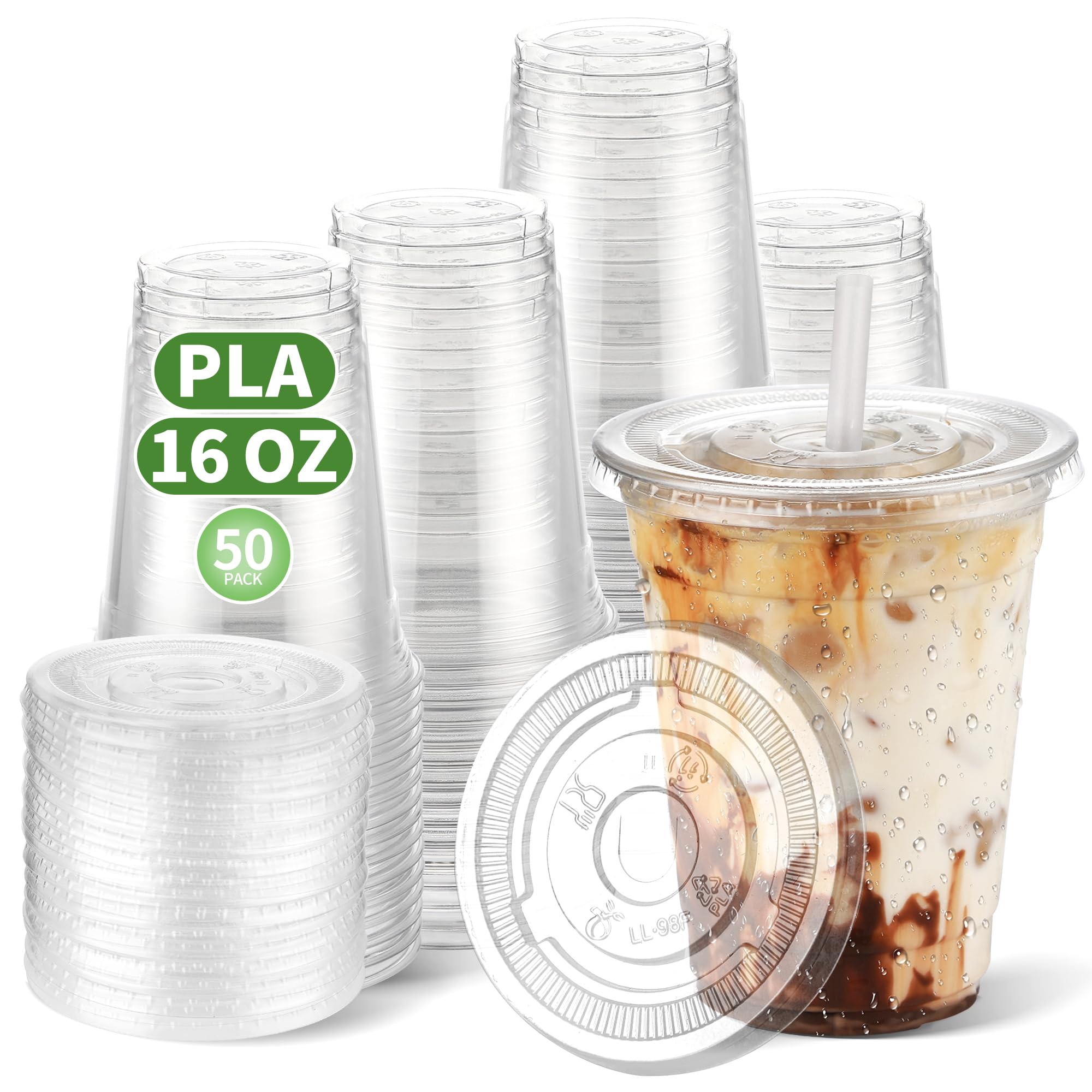 Photo 1 of ***MISSING LIDS***
CCWOFF 16 OZ Compostable Clear Plastic Disposable Iced Coffee Cups with Flat Lids, Biodegradable Cold Drinking To Go Coffee Cups for Party Smoothie, Slushy, Milkshake Lemonade 50 Sets