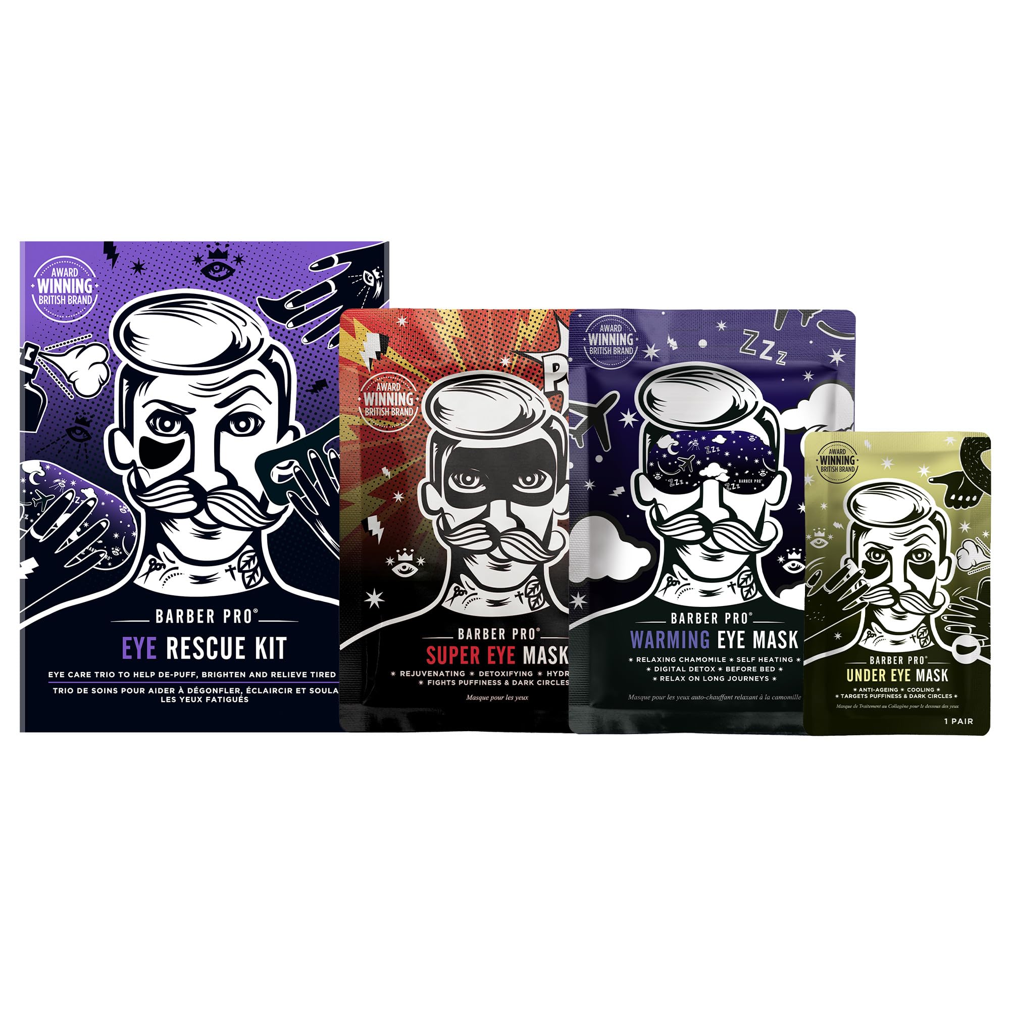BARBER PRO EYE RESCUE KIT Mens Eye Mask 3-in-1 Pamper Set Under Eye Patches Detox Hydrate Natural Ingredients Soothe Puffy Dry Tired Eyes Vegan Skin Care for Men Multi Award Winning Brand 3 Packs