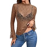 Tankaneo Womens Lace Mesh Tops Bell Long Sleeve Mock Neck Sheer Blouses Sexy See Through Slim Fit Shirts