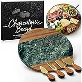 Green Marble Cutting Board Marble and Wood Charcuterie Board Gift Set House Warming Gifts New Home with Cheese Knives Acacia Cheese Platter with Handle for Valentine's Day Wedding Party Gift(Round)