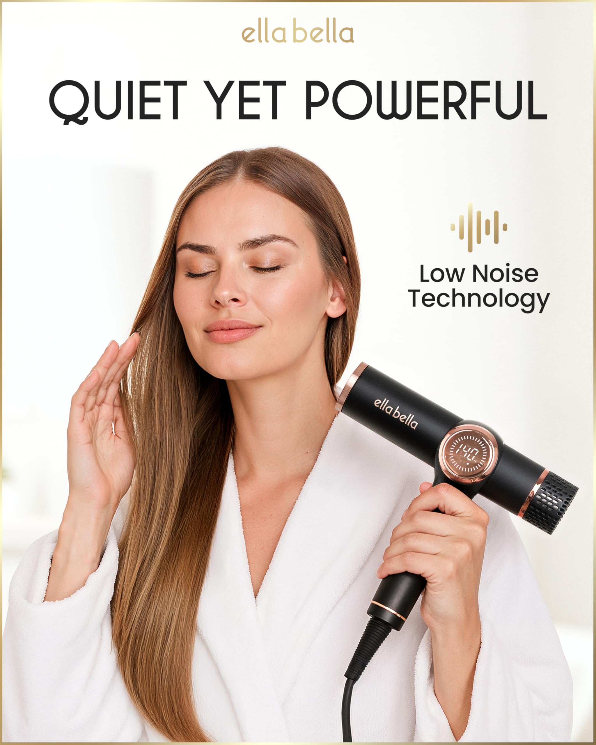 ELLA BELLA® Professional Ionic Hair Dryer with Diffuser • Negative Ion Blow Dryer • Suitable All Hair Types • Intelligent Heat Control & Rapid Drying Speeds • Lightweight Design • Low Noise Technology