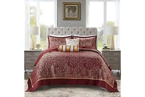 Madison Park Aubrey Reversible Quilted Bedspread Set, Solid Reverse Summer Breathable, Lightweight All Season Bedding Layer, Matching Shams, Bedspread King(120"x118"), Burgundy 5 Piece
