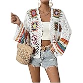 SHENHE Women's Floral Crochet Cardigan Hollow Out Open Front Long Sleeve Cardigan Sweater