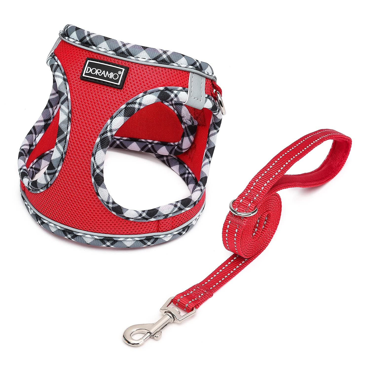 DORAMIO Step-in Dog Harness and Leash Set, Soft Mesh No-Chock Reflective Breathable Easy Walk Lightweight Vest Harnesses with Safety Buckle for Small Dogs, Cats, Puppies (Red, L)