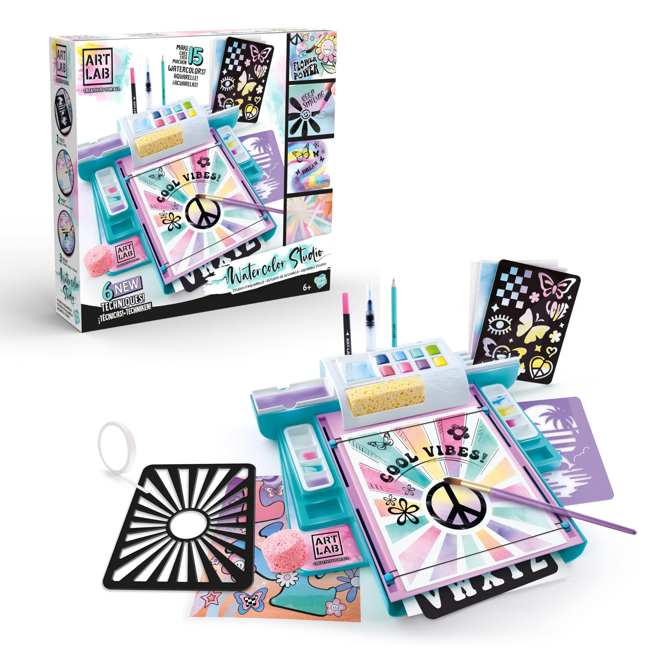 Canal Toys – Art Lab – Watercolour Studio - Children Watercolour Kit with 8 Paints to Create 15 Colours, 15 Sheets of Paper, Stencils and Tools - Creative Set and Arts Activity for Children 6 Years+