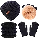 3Pcs Kids Winter Beanie Hat Scarf Gloves Set for 2-6-10-14 Years Old Boys Girls, Knit Thick Warm Fleece Lined Thermal Sets