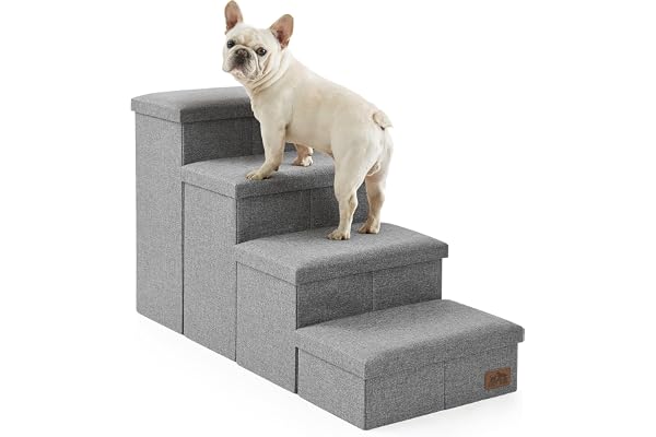 Dog Stairs with Storage, 4-Step Wider Sturdy Dog Steps for Small/Medium/Large Dogs and Older Cats, Folding Doggie Ramp for Be