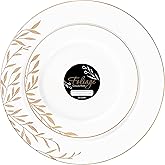 PLASTICPRO 32 Pack Elegant Disposable Plastic Plates Combo Set Includes 16 Dinner Plate and 16 Salad Plate Heavy Duty Fancy Party White & Gold Flower Design