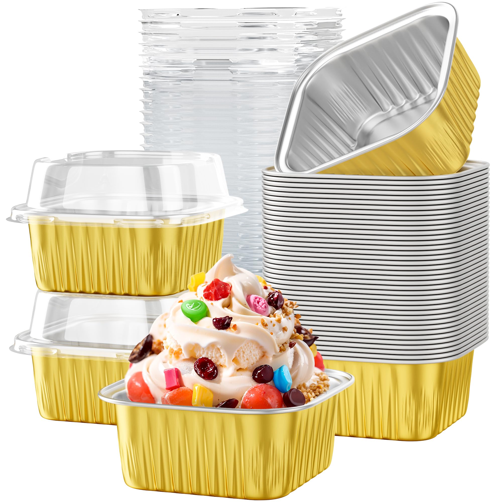 Photo 1 of 40 Pack 5 OZ Mini Cake Pans with Lids, Disposable Square Aluminum Foil Brownie Baking Cups, Mini Aluminum Foil Cupcake Muffin Tin Ramekins, Flan Molds Cake Containers for Wedding Birthday Party