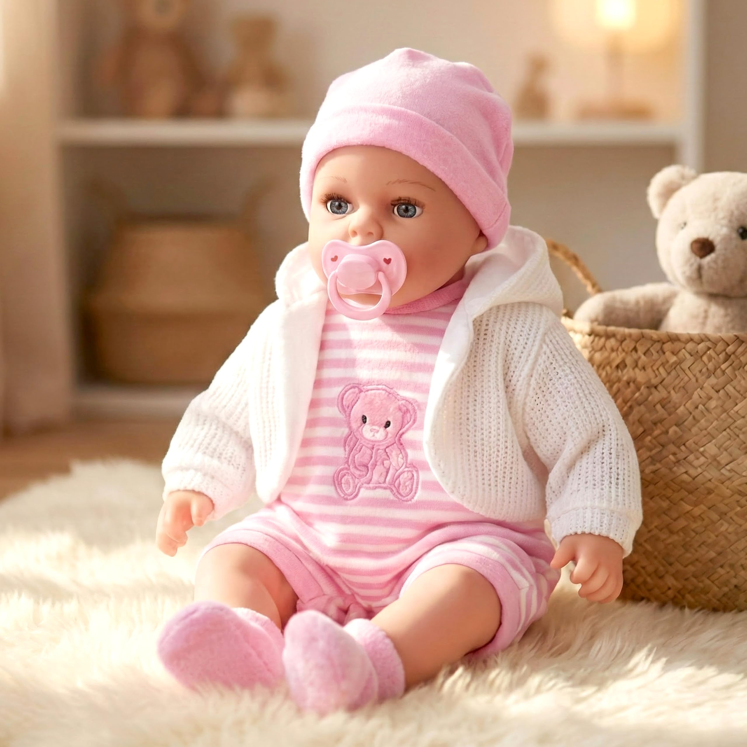 The Magic Toy Shop BiBi Doll 18-Inch Baby Doll Petal with 16 Baby Sounds – Realistic Newborn Girl with Dummy, Soft Vinyl Body & Pink Outfit – for Girls and Boys Age 18 Months+