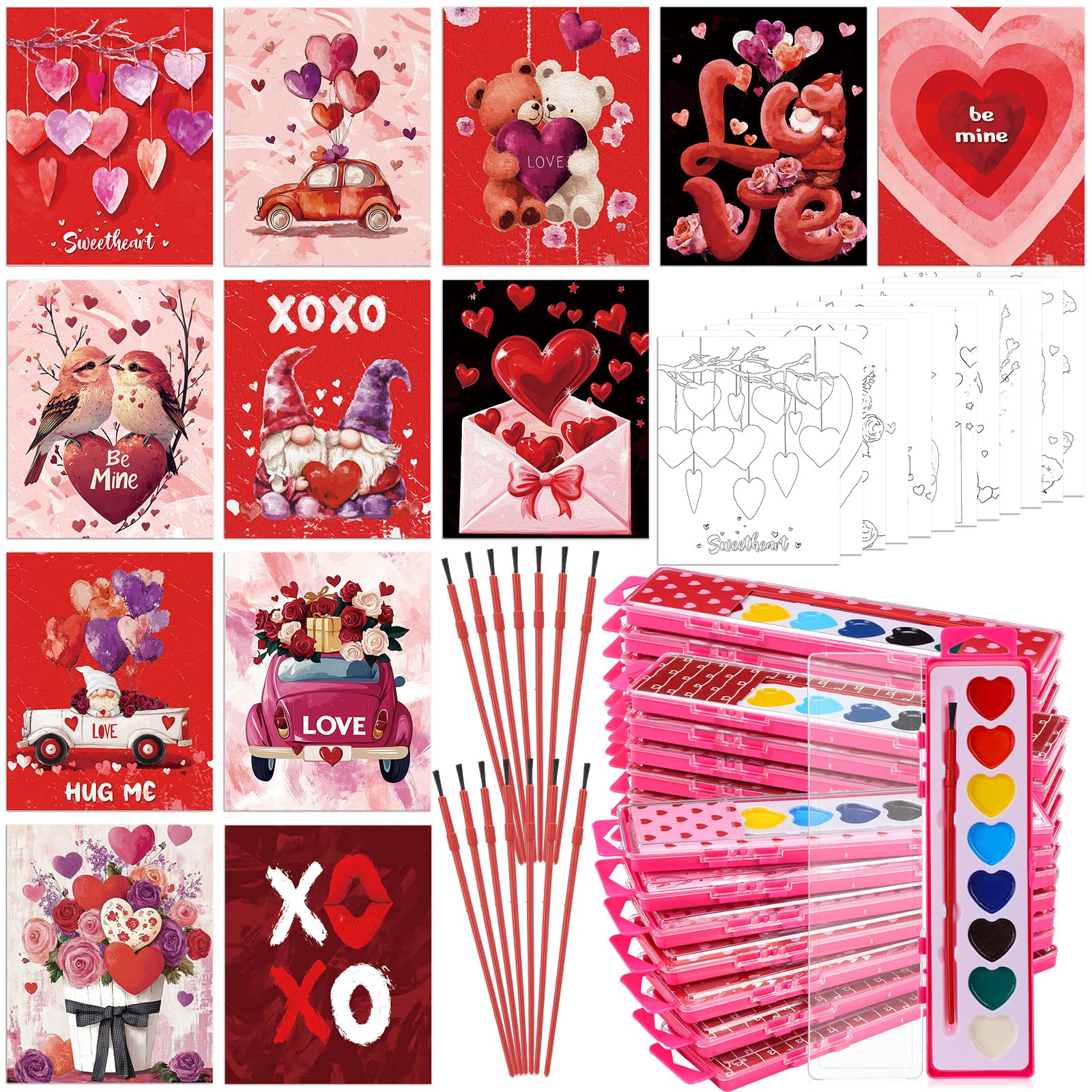 Photo 1 of Zhanmai 24 Pcs Valentine's Day Pre Drawn Canvas 8 x 10 Inches Paint Set with Watercolor Paint Set Valentines Gift Painting Bulk 8 Washable Colors with Brushes for Party Art Supplies Beginner Painting
