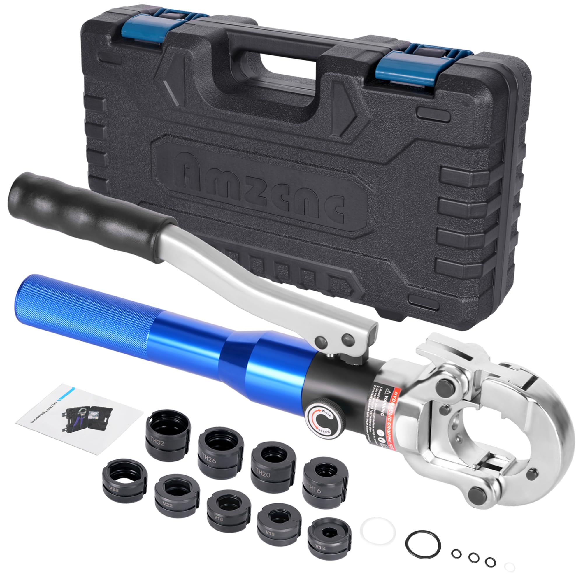 AMZCNC Hydraulic Crimping Pliers Ø12-28mm Copper Pipe Crimper Plumbing Crimping Tool for Copper Pipe Press with 5pcs Copper 12,15,18,22,28mm and 4pcs PEX-AL-PEX 16,20,26,32mm