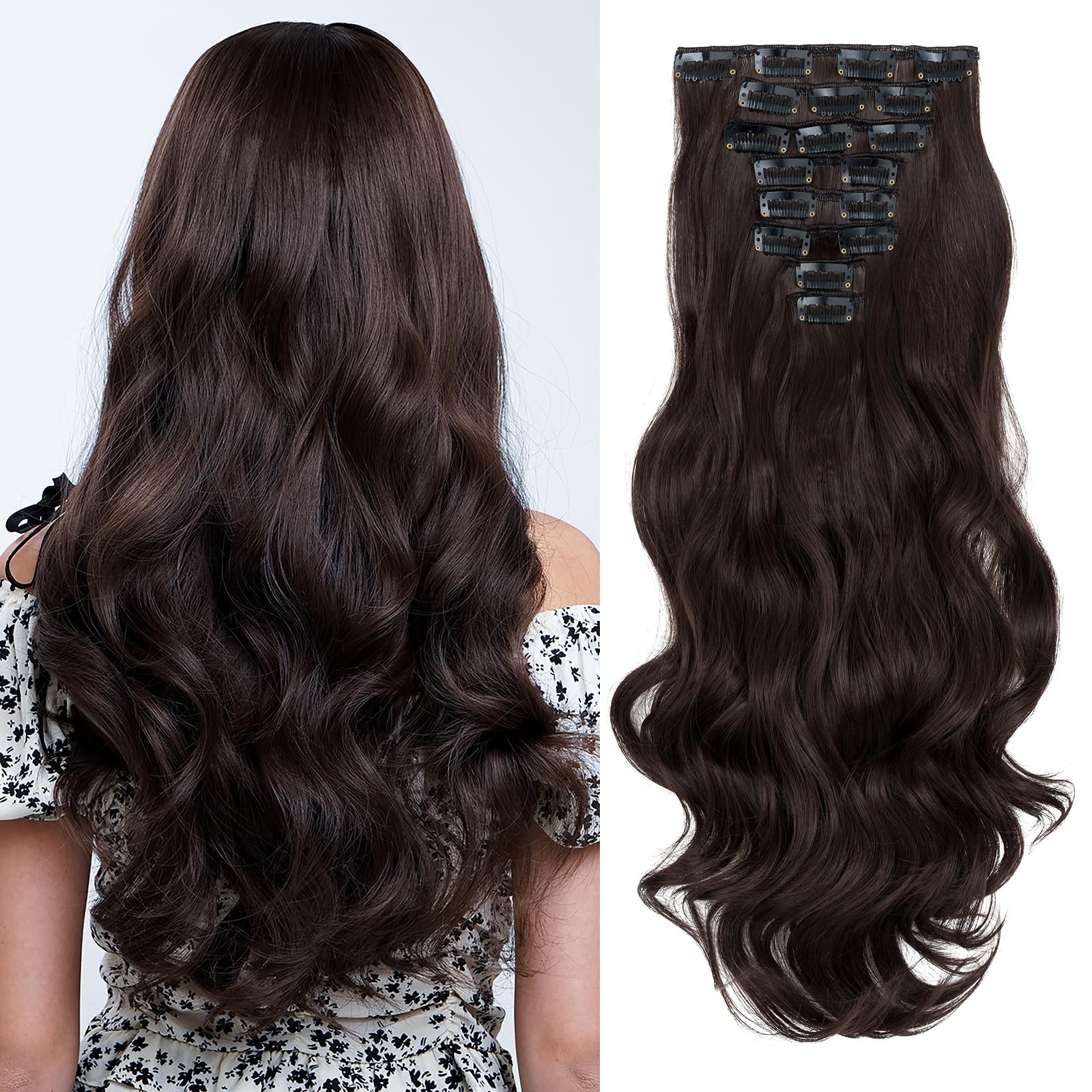 SEGOHAIR Hair Extensions Clip in 8Pcs 18 Clips Synthetic Fiber Seamless 17" Long Curl Full Head - Medium brown — image 1