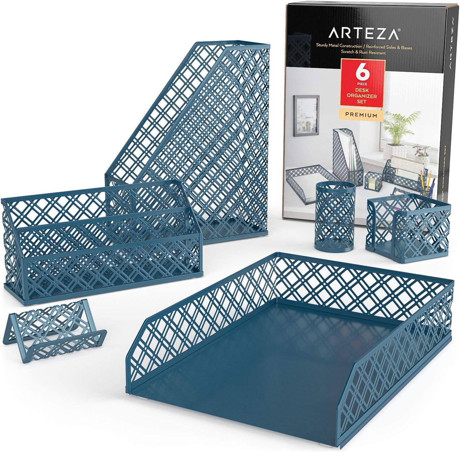 Arteza Desk Organizer Accessories Set in Rose Gold, 6-Piece Includes Pencil Cup Holder, Letter Sorter, Letter Tray, Magazine Holder, Name Card Holder, Sticky Note Holder for Home or Office : Office Products