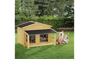 RITSU 47.2" Dog House, Waterproof Dog Kennel, Wooden Outdoor and Indoor Dog House, Log Cabin Style with Porch,Elevated Floor, 2 Doors, Pine Wood + Natural