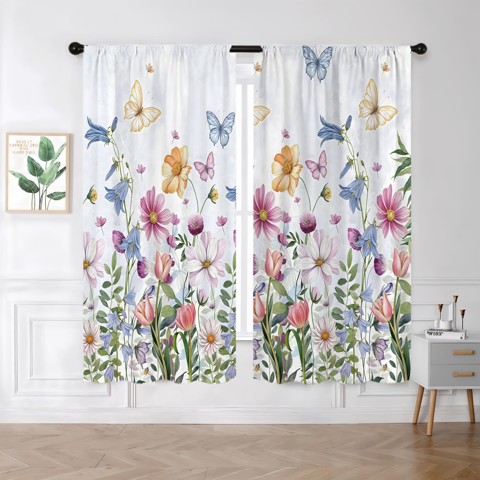 Photo 1 of Vengaot Watercolor Floral Spring Flower Window Curtain 42W X 63L Inches 2 Panel Rod Pocket Colorful Wildflower Butterfly Summer Cute Leaves Window Drapes Treatment Living Room Bedroom Curtains Decor