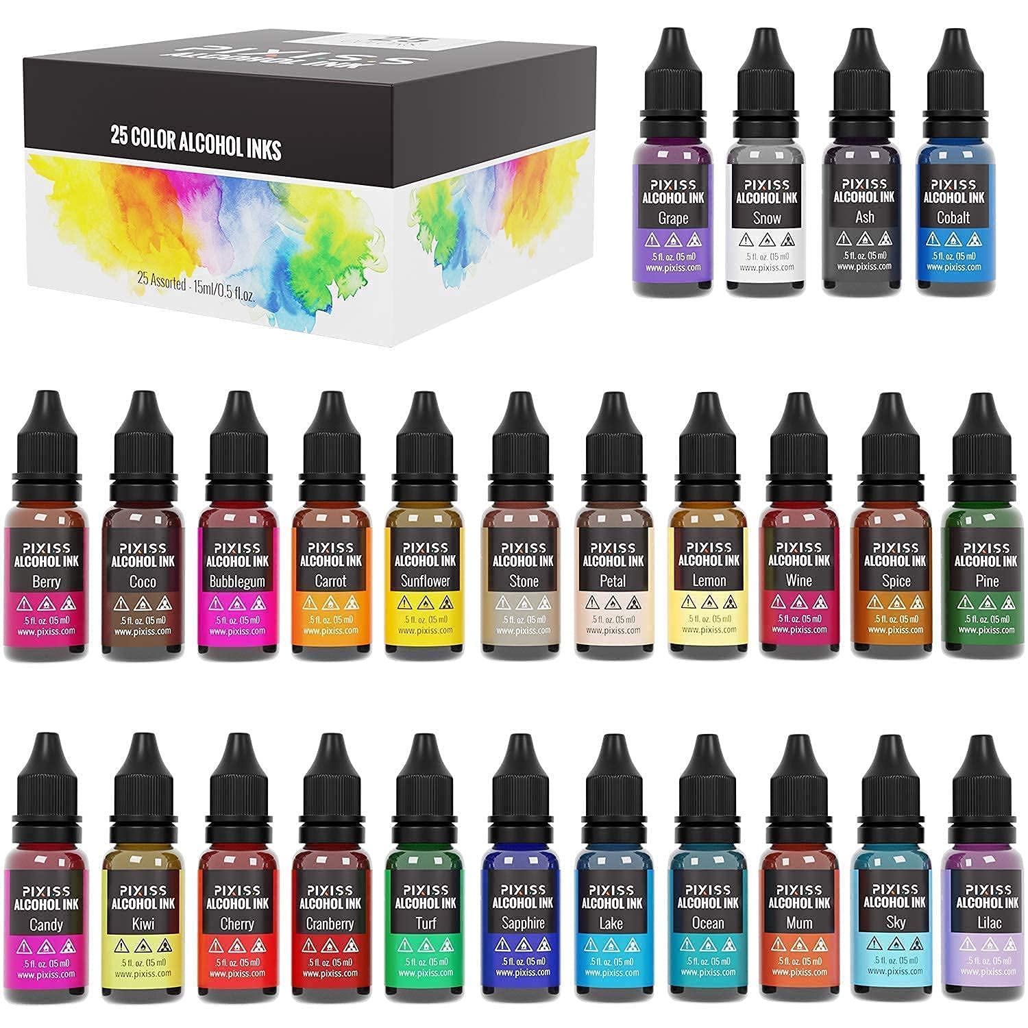 Pixiss Alcohol Ink Set - 25 Large Highly Saturated Colors and Pixiss Epoxy Resin Crystal Clear Casting Resin 17-Ounce Kit