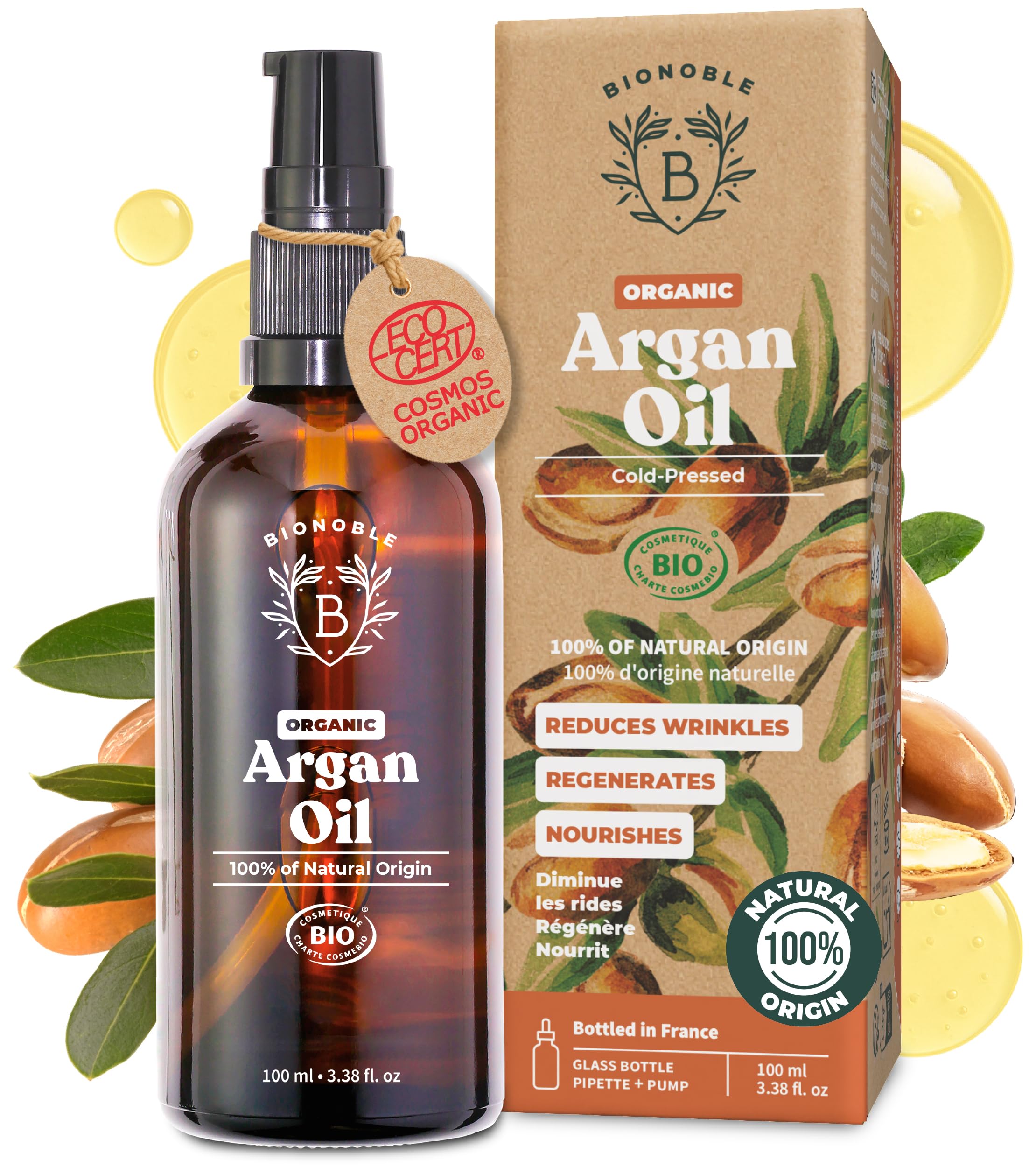 BIONOBLE Organic Argan Oil for Hair - Cold Pressed in Morocco - Nourishes, Repairs and Anti-Aging - 100% Pure Argan Oil for Skin, Face - Vegan, Hexane Free - Glass Bottle, Pipette and Pump - 100ml