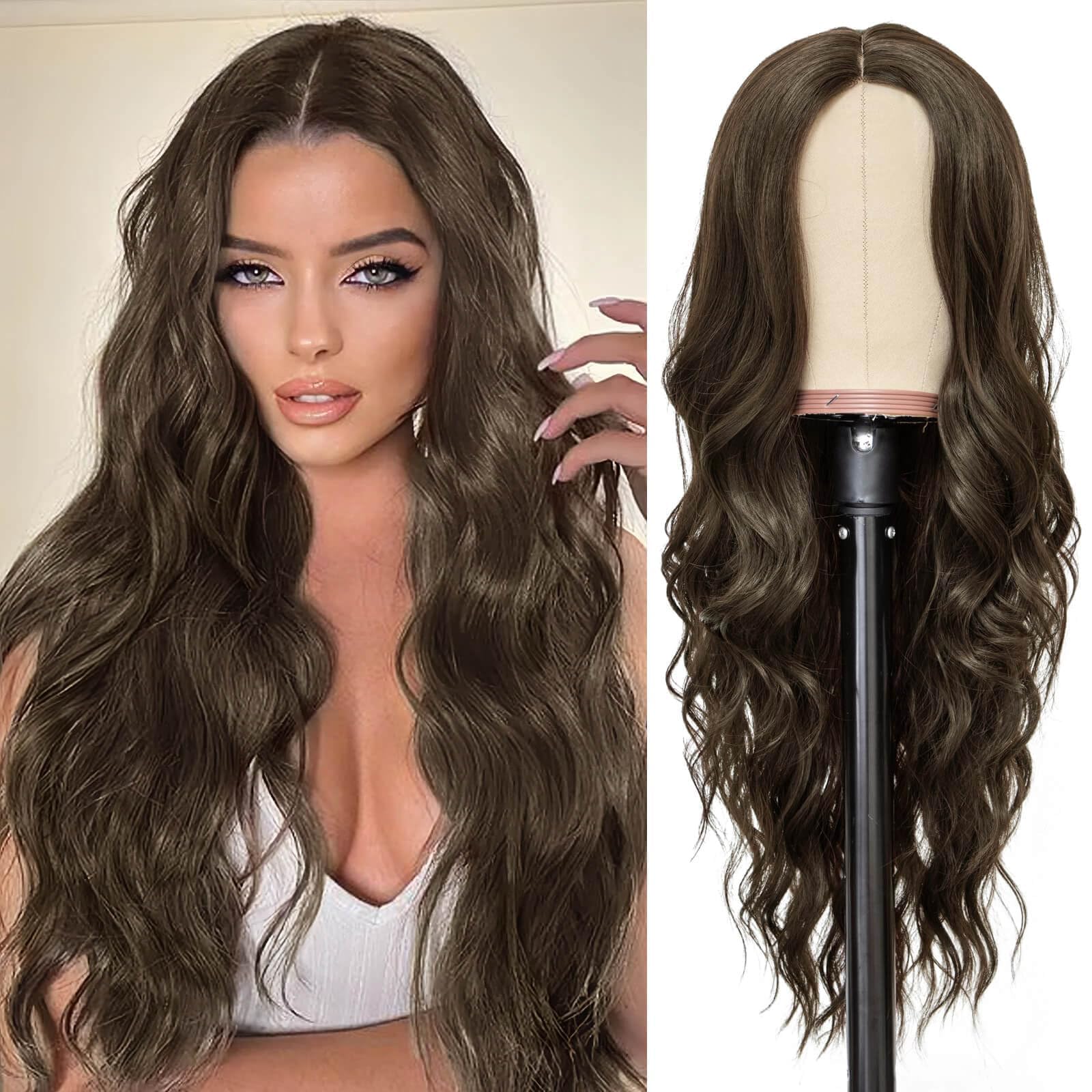 QUEENTAS Long Curly Brown Wigs for Women Synthetic Ladies Wig Middle Parting for Daily Party Halloween (Brown)