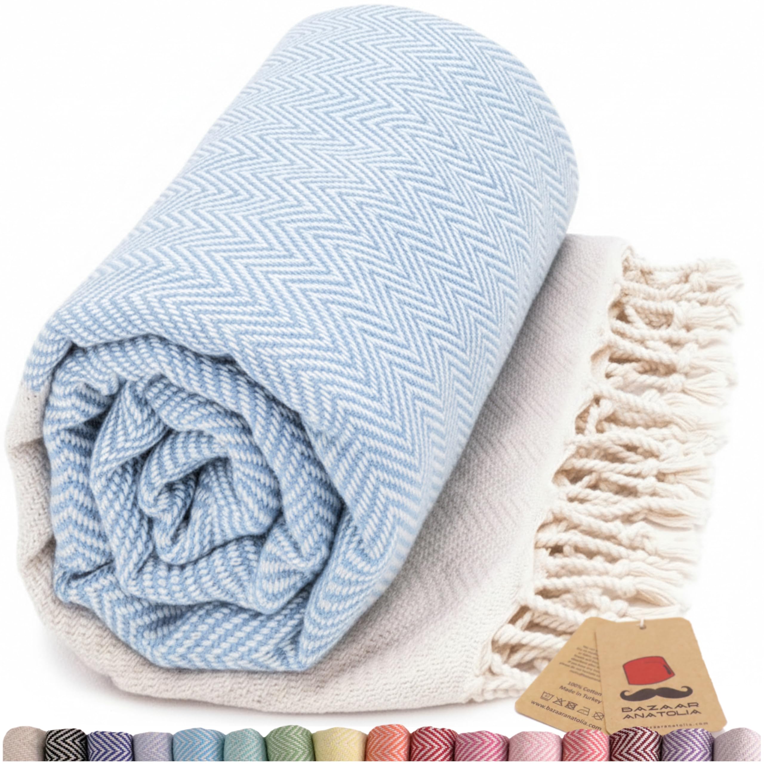Bazaar Anatolia Herringbone Turkish Towel 100% Cotton Peshtemal Bath Towel 77x38 Thin Lightweight Travel Camping Bath Sauna Beach Gym Pool Blanket Fouta Quick Dry Towels (Blue)