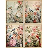 SIGNWIN Adhesive Canvas Poster Set Chinoiserie Bird and Flower Vintage Asian Inspired Floral Illustrations Modern Art Decorat