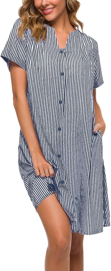 YOZLY House Dress Women Cotton Duster Robe Short Sleeve Housecoat Button Down Nightgown at 