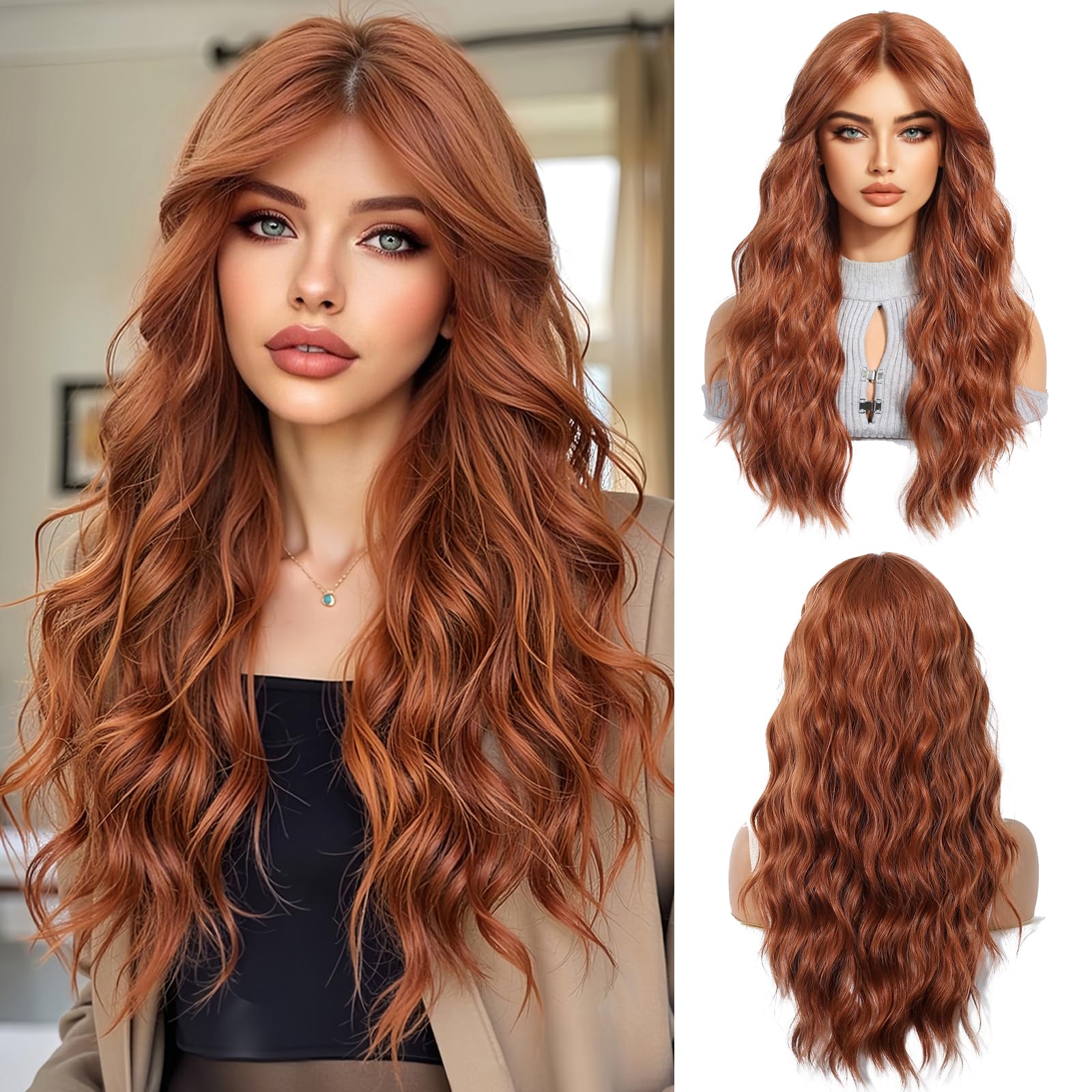 OUFEI Auburn Long Wavy Wig for Women with Curtain Bangs Natural Curly Synthetic Hair Heat Resistant Wigs for Daily Party Cosplay Wear — image 1